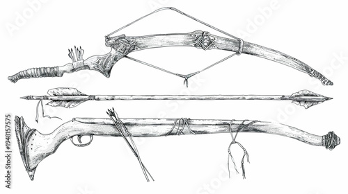 Detailed black and white illustration of bow, arrows, and a crossbow, all resembling primitive construction