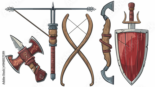 A collection of various cartoon weapons, including an axe, a bow, a crossbow, a shield, and a sword