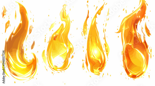 A set of four stylized flame illustrations, featuring orange, yellow, and red hues