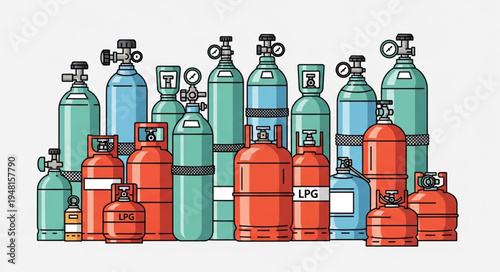 Collection of Colorful Gas Cylinders for Industrial and Medical Use.