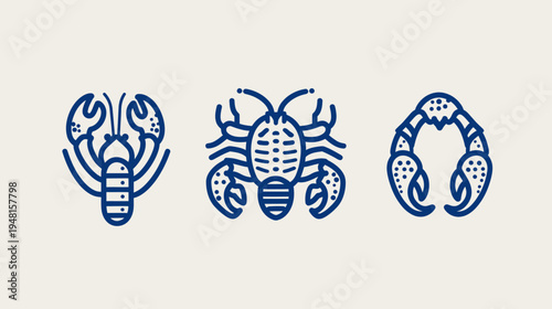 A minimalistic collection of three seafood illustrations a lobster, a crab, and a crab claw design