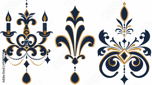 Three decorative vector elements with dark blue and gold color schemes, intricate and ornate designs
