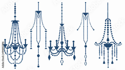 Stylized line art of five elegant chandeliers, navy blue on a white background