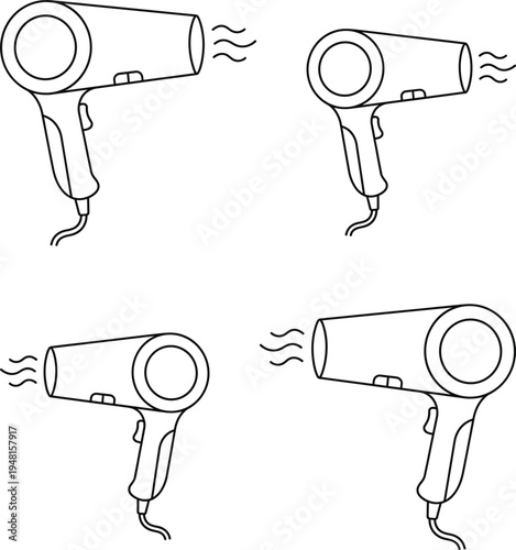 Hair dryer line icon set showing salon styling tool with blowing air symbol beauty equipment illustration collection for grooming