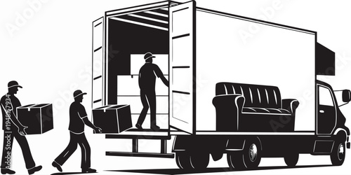 A clean, black and white vector silhouette illustration depicting a professional moving company team in action vector illustration.