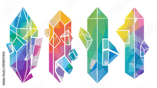Four stylized colorful crystals in a geometric design with a watercolor-like effect on white background