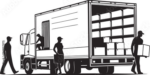 A clean, black and white vector silhouette illustration depicting a professional moving company team in action vector illustration.