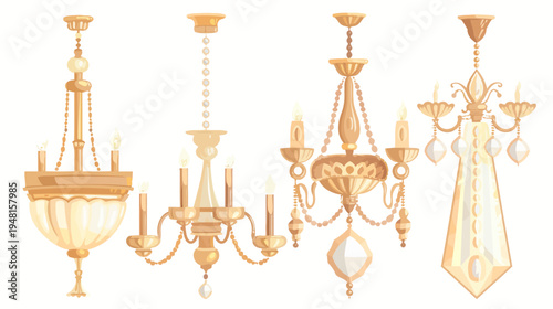 Four ornate chandeliers, rendered in a warm palette, with glowing candles and decorative accents