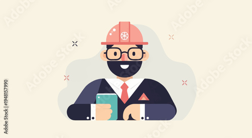 Cartoon man in hard hat holding a smartphone, wearing suit and glasses