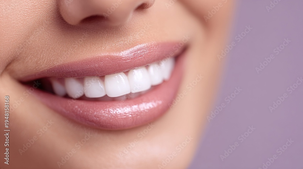 © NovaVision - Close-up of a woman's perfect white smile with glossy pink lipstick and healthy gums © NovaVision - Close-up of a woman's perfect white smile with glossy pink lipstick and healthy gums