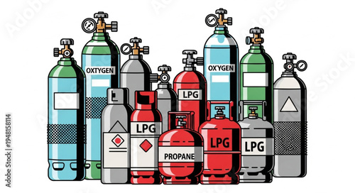 Collection of Various Gas Cylinders with Different Labels and Colors.