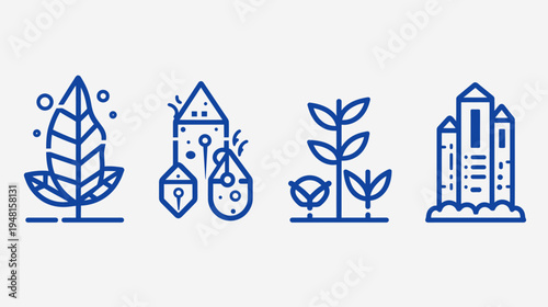 Four stylized blue icons depicting a leaf, a house with droplets, plants and buildings on a white background