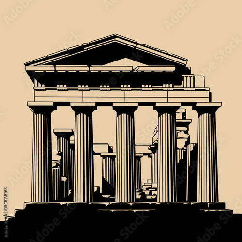 Ancient Greek Temple Facade, Doric Columns, Ruined Architecture Illustration