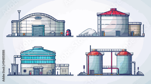 Four industrial buildings illustrations in a cartoon style, featuring varying structures and designs