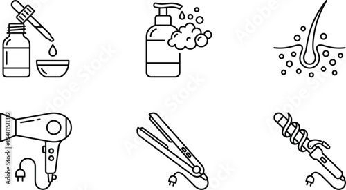 Hair care and beauty salon line icons featuring dropper bottle shampoo foam hair follicle dryer straightener and curling iron tools