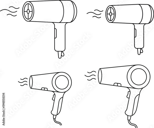 Hair dryer salon styling tool icon set with blowing air symbols beauty equipment for hairstyling grooming and professional salon use