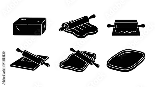 Baking Icons: Dough, Rolling Pin, Butter, Baking Tray - Silhouette Set