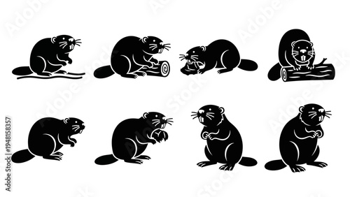 Beaver Icons Set - Vector Silhouettes of Beavers in Various Poses