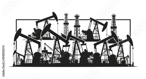 Silhouette of Oil Rigs and Derricks Against a White Background.