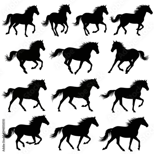 Collection of black horse silhouettes running