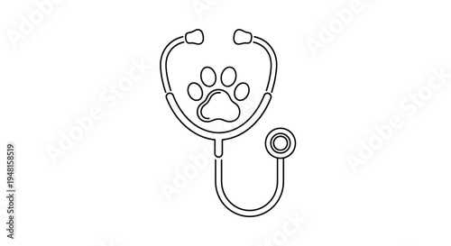 Line art illustration of a stethoscope with a paw print, symbolizing veterinary medicine and animal care.