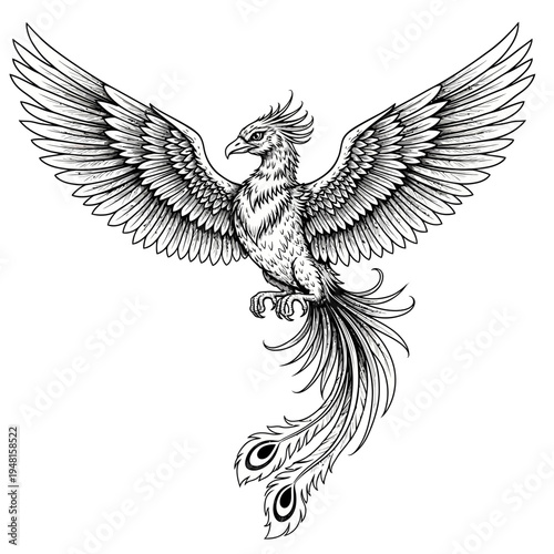 A majestic phoenix bird with spread wings and long tail feathers
