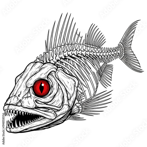 A black and white illustration of a fish skeleton with a red eye