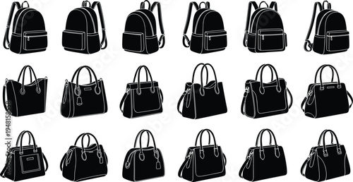 bag, backpack, handbag, purse, collection, silhouette, fashion, accessory, set, tote, school, travel, stylish, vector, illustration, black, isolated, design, icons, assortment