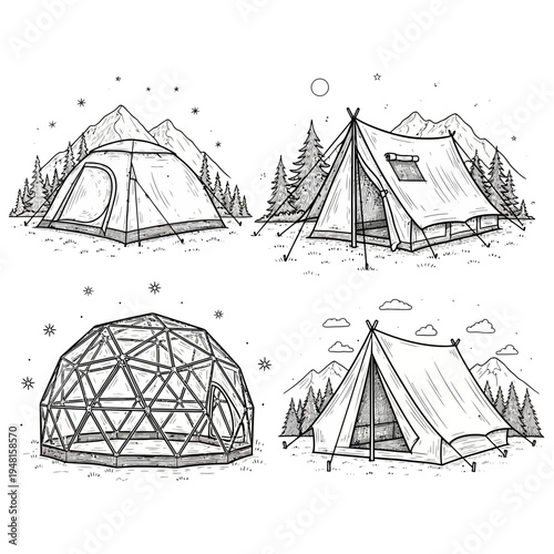 Four different types of tents and a geodesic dome in scenic outdoor settings