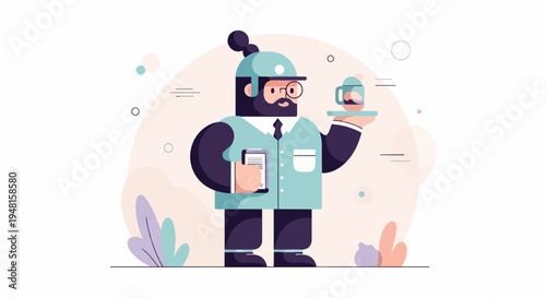 Cartoon man in uniform with coffee cup and tablet