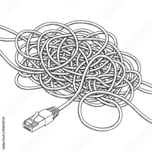 Tangled mess of ethernet cables and connectors