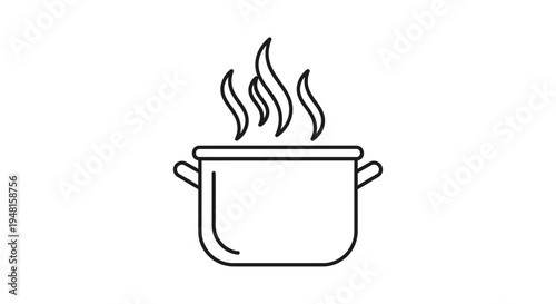Line art illustration of a cooking pot with steam rising, depicting hot food or a boiling process.