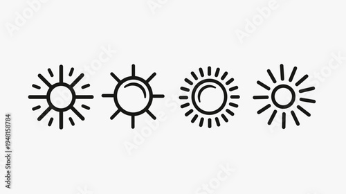 Set of four stylized black sun icons against a white background. Simple, minimalist design