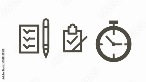 A set of dark icons representing productivity lists, pen, clipboard with check, and a clock