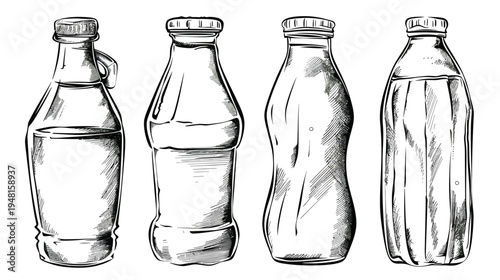 Hand-drawn ink illustration featuring four various bottles with screw caps. Each bottle is depicted with detailed shading