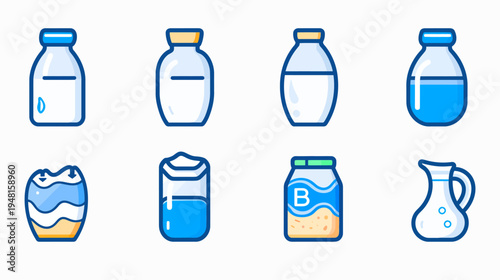 Collection of eight diverse illustrated containers in various shapes and contents on a white background