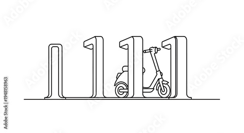 Line drawing of an electric scooter parked at a modern charging station with several empty slots, illustrating urban micro-mobility infrastructure.