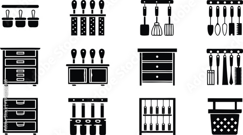 A high-end kitchen or cooking tongs in various storage and usage scenarios  vector illustration.