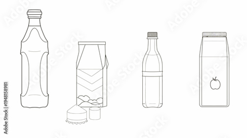 Line art of beverage containers including bottles, cartons, and packaging. Simple, black-and-white