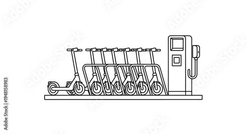 Line art illustration of electric scooters parked at a charging station.