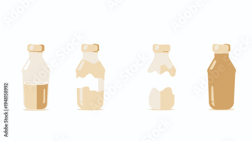 Four stylized bottles representing a liquid's life cycle. Filled, almost, empty, and full