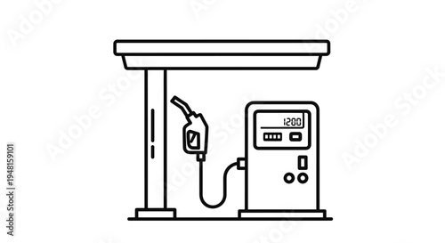 Line art illustration of a gas station pump with a canopy, depicting fuel dispensing equipment for vehicles.