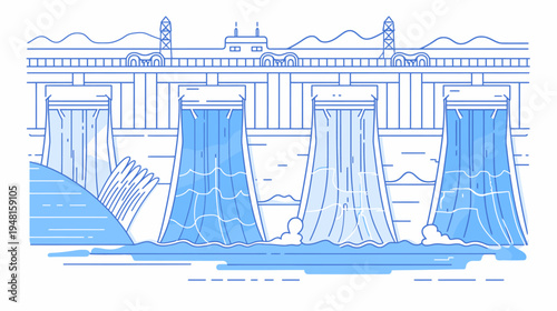 A simplified, blue-toned illustration depicting a dam with water cascading from its openings