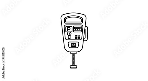 A line art illustration of a parking meter with a display, coin slot, and buttons, used for paid parking.