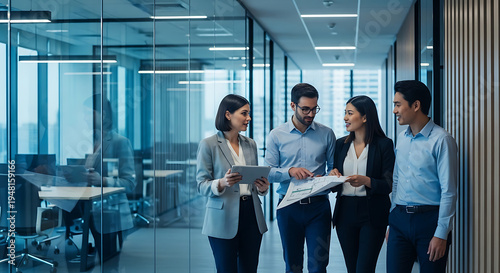 Dynamic Discussions in the Modern Workplace: A group of business professionals in a sleek office setting engaged in a vibrant discussion, illuminated by natural light through expansive glass walls.