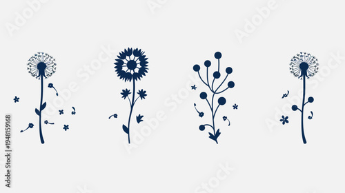 Four stylized dark blue botanical illustrations on a white background dandelions and sprigs