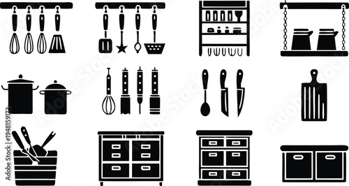 A high-end kitchen or cooking tongs in various storage and usage scenarios  vector illustration.