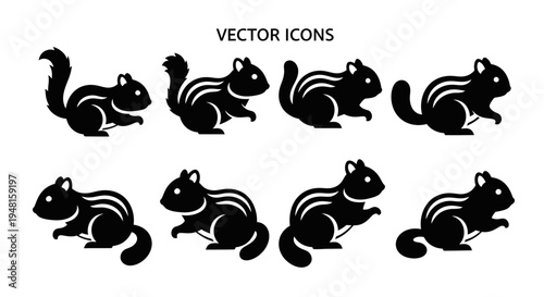 Chipmunk Vector Icons Set, Silhouette of Cute Rodents in Different Poses