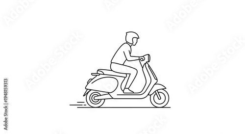 Line art illustration of a person wearing a helmet and riding a classic scooter, depicted in motion.