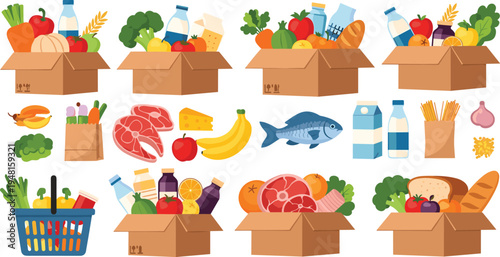 Vector Illustration of Grocery Items in Boxes Featuring Fresh Vegetables, Fruits, Dairy, Meats, Seafood, and Packaged Foods for Online Shopping and Delivery
